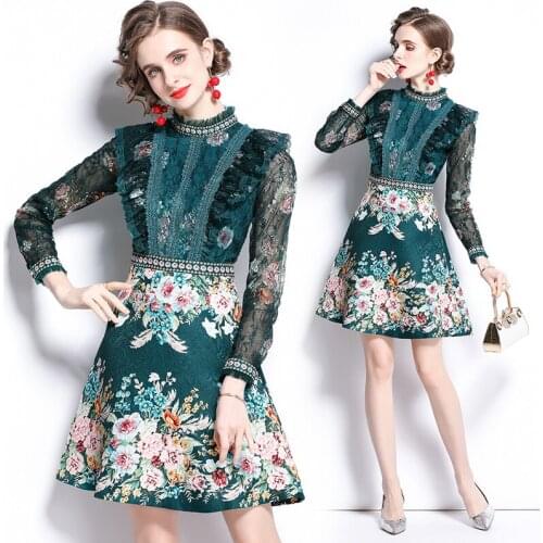 Elegant Office Lady Lace Dress Fashion Splicing Beads Hollow Out Turtleneck Autumn Long Sleeve Mini Dress Clothing Women 2021