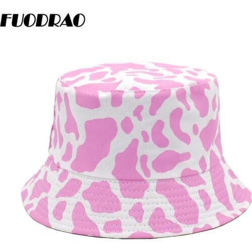 FUODRAO New Fashion Pink Panama Reversible Black White Cow Pattern Bucket Hats Fisherman Caps For Women Gorras Summer M111
