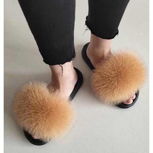 Real Fox Fur Slide Summer WomenS Open-Toed Slippers Fluffy Real Fur Casual Slider Indoor Plush Shoes Free Shipping