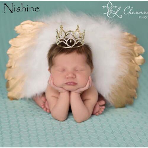 NISHINE 2pcs/set Newborn Baby Boy Girls Feather Gold Angle Wing Cotumes Leaves Headband 1st Birthday Photo Props Tools Outfit