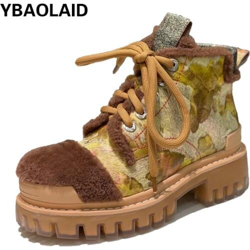 Cowhide and Velvet Short Boots New Autumn and Winter Lace-up Side Zipper British Style Martin Boots Thick-soled Snow Boots