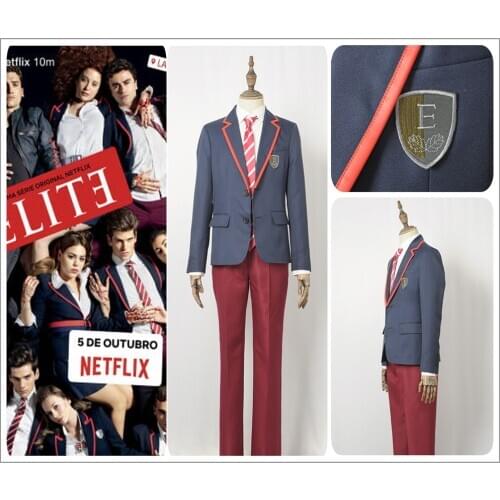Elite School Uniform TV Series Cosplay Costume Custom Womens Mens School Uniform Jacket Long Pants Red Tie