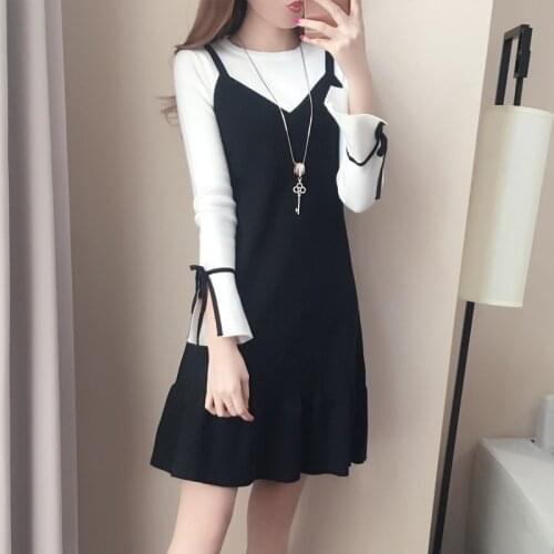 Patchwork Black White Fake Two Pieces A-line Dresses Female O Neck Long Sleeves Vestidos 3759
