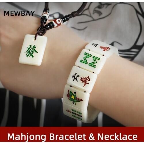 Mahjong Necklace Bracelet Elastic Rope Jewelry Green Dragon Dot Bamboo Character Chinese Fashion Board Game Acrylic Sandalwood