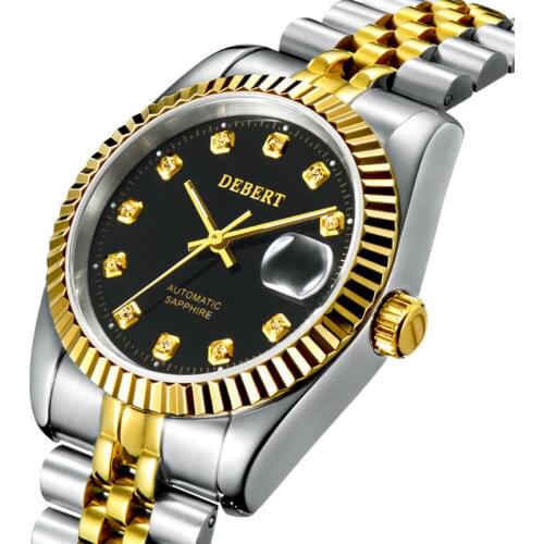 36mm DEBERT Black dial sapphire glass miyota 8215 Automatic mens womens watch