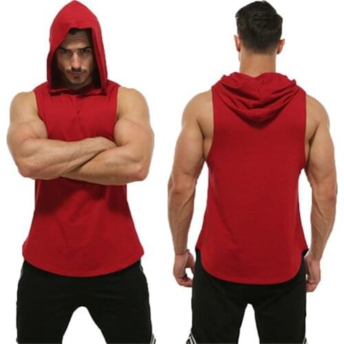 European American Mens Fitness Sports Sleeveless Size Stretch GYM Quick-Drying Arc Hem Vest Hooded Sweater Hot Sal