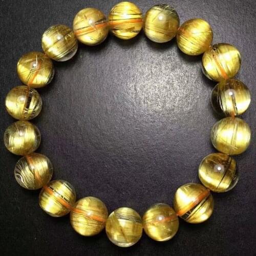 Natural Brazil Gold Rutilated Titanium Quartz Crystal Stretch Clear Round Beads Bracelet Wealthy Rutilated Quartz 11mm AAAAAA