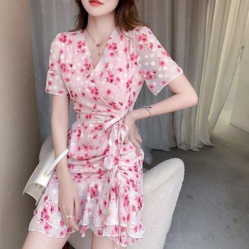 New Summer Short Sleeve Wrap Mini Dress 2021 New Floral Print Dresses Lace-up Waist Pink Sundress For Holiday Vestidos