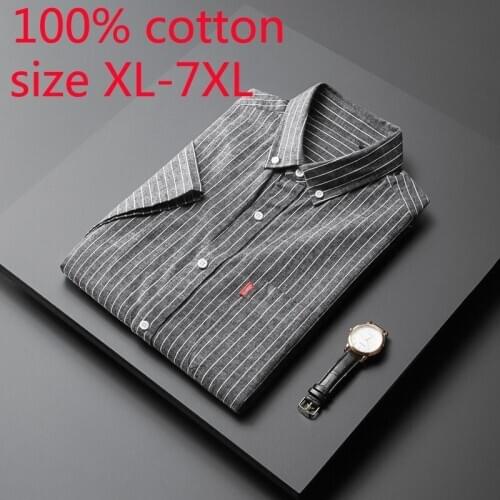 New Arrival Fashion Men Spring Autumn Super Large Short Sleeve 100% Cotton Striped Casual Shirts Plus Size XL2XL3XL4XL5XL6XL7XL