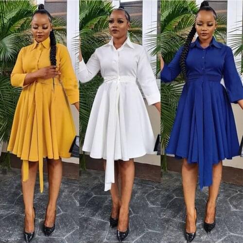 Casual Women A-line Dress Pleated Office Lady Solid Color Bandage Turn Down Collar Autumn Dresses For Women Outfit