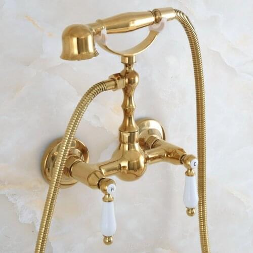 Luxury Polished Gold Color Brass Wall Mounted Bathtub Faucet with Handheld Shower Set +1500MM Hose Mixer Tap 2na842