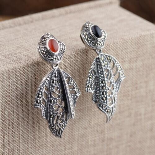 Earrings S925 Pure Silver Inlay Agate Thai Silver Antique Style Female With Delicate Do Manual Work Is The New Earrings