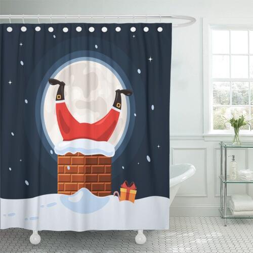 Blue Funny Santa Claus Stuck in The Chimney on of Full Moon Merry Christmas Cartoon Style Red Roof Shower Curtain Waterproof