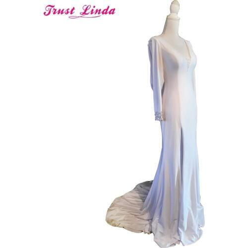 Sexy See Though Back Long Sleeves high Slit Formal mermaid Mother dresses Glamorous White Long prom Party dresses Evening Gowns