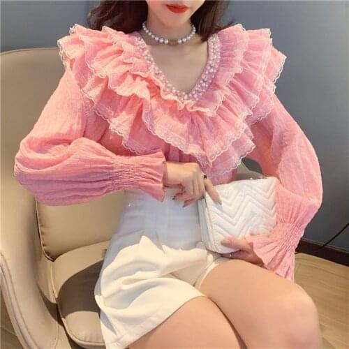 Spring Fall Korean Style Blouse Fashion Sexy Beading Patchwork Lace Ruffles Women Tops Ropa Mujer Flare Sleeve Shirt New