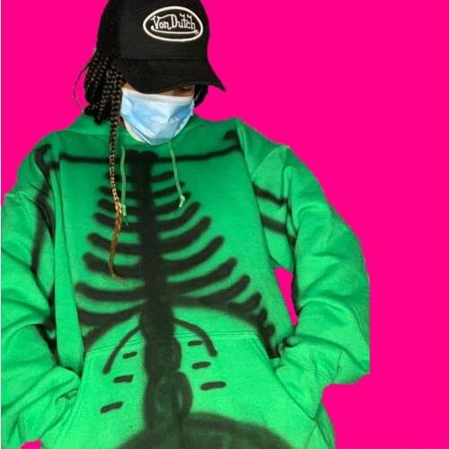 Y2K Fall New Skeleton Print Pullover Hooded Sweatshirt Loose Fit Long Sleeve Pullover with Front Pocket Streetwear 2021