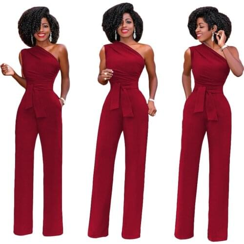 Womens Jumpsuit Solid Skew Collar Crop Top Straight Pants Belt Sexy Sleeveless Loose Pants Elegant Charming Playsuits 2021