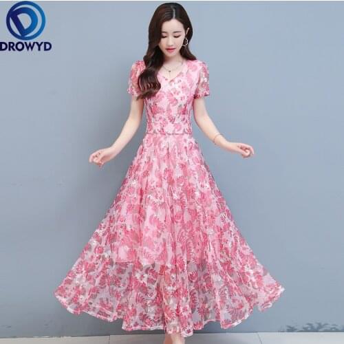2021 Summer Beach V-neck Maxi Dress for Women Flower Embroidery Short Sleeve Women Chiffon Long Dress Plus Size M-4XL Vestidos