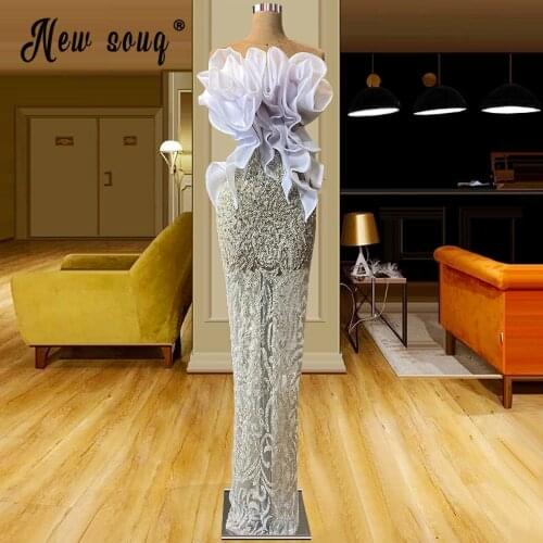 Aso Ebi Mermaid Evening Dress 2021 Beading Puffy Ruffles Strapless Sleeve Prom Gown Purple Party Dresses Plus Size Longue Robes