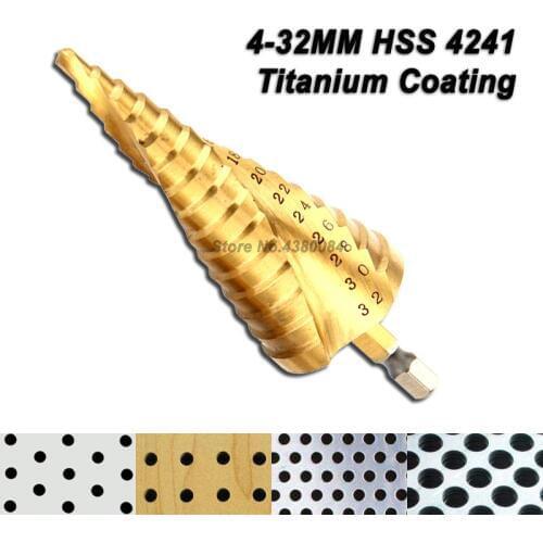 1Pc Set 4-32MM Titanium Coating Spiral Grooved HSS Step Drill Bit 1/4'' Hex Shank Cone Hole Cutter Punching Power Tools