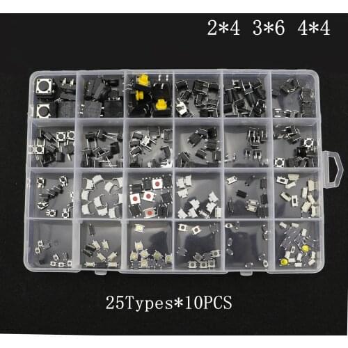 250pcs/box Micro Switch Assorted Push Button Tact Switches Reset 25Types Mini Leaf Switch SMD DIP 2*4 3*6 4*4 6*6 Diy Kit