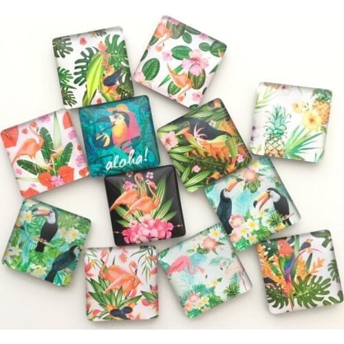 Free shipping12pcs 3cm Square Tropical Plant/Animal Crystal Fridge Magnet Colorful Flamingo&Parrot Message Stickers Home Decor