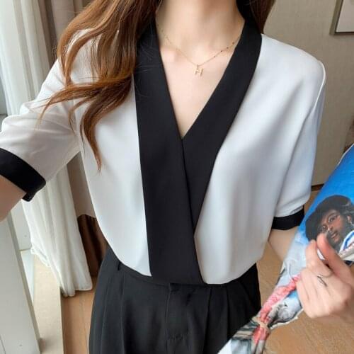 Blusas Mujer De Moda 2021 Korean V-neck Shirt Female Top White Chiffon Blouses Elegantes Fashion Women Clothing Solid Shirt 1064