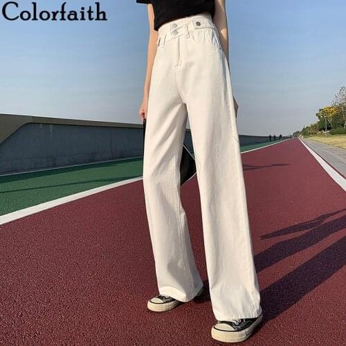 Colorfaith New 2021 Spring Autumn Women Pants High Waist Straight Pockets Fashionable Wild Wide Leg Ankle-Length Trousers P800