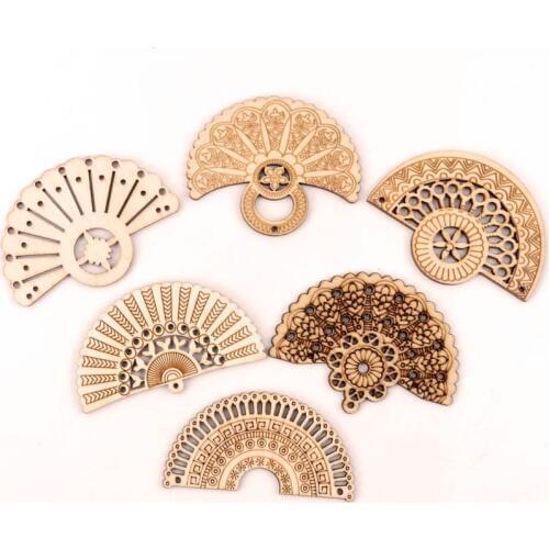 Handmade Wooden Crafts Home Decoration Scrapbooks Jewelry Make Earrings DIY Mix Chinese Style Retro Fan Wood Ornaments 65mm 6pcs