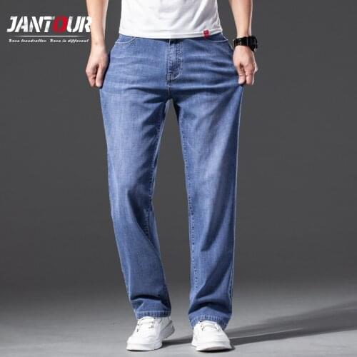 Jantour Brand Summer Thin Cotton Mens Jeans Denim Straight Pants boy Baggy Wide leg Trousers for Male Blue Oversize 40 42 44 46