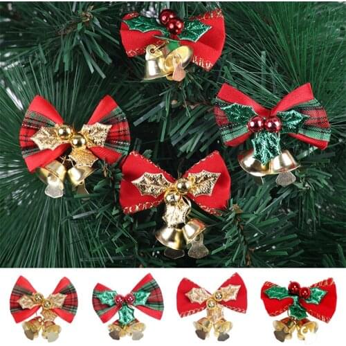 5Pcs Christmas Bow Tie With BellsXmas Tree Garland Hanging Bowknot Baubles New Year Christmas Ornament DIY Accessories