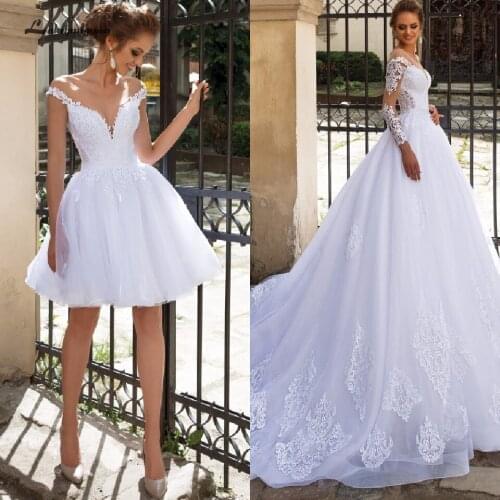 Lakshmigown Luxury A Line Wedding Dress 2 in 1 with Sleeves Lace Bridal Gown Vestido de Noiva Sexy Princess Tulle Wedding Gowns
