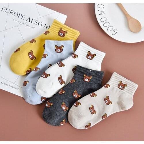 5 Pairs Women Socks Set Summer Cotton Five Colors Low Tube High Quality Fashin Casual Sport Girl Kawaii Bear Printed Cute Socks