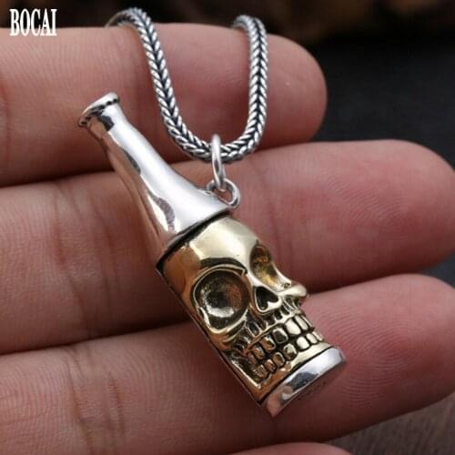 2020 new real pure s925 sterling silver accessories stylish beer bottle pendant for men and women Thai silver punk skull pendant