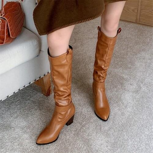 PXELENA 2020 New Retro Knee High Heels Boots Pleated Round Toe Chunky High Heels Motorycle Boots For Woman Plus Size 34-45