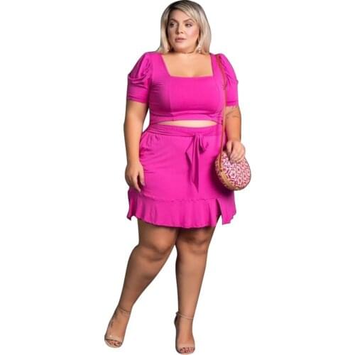 Plus Size Womens Set Short Skirt Casual Two-piece Suit Short Sleeve Crop Top Fashion Matching Outfits Large Size Clothes L-4XL