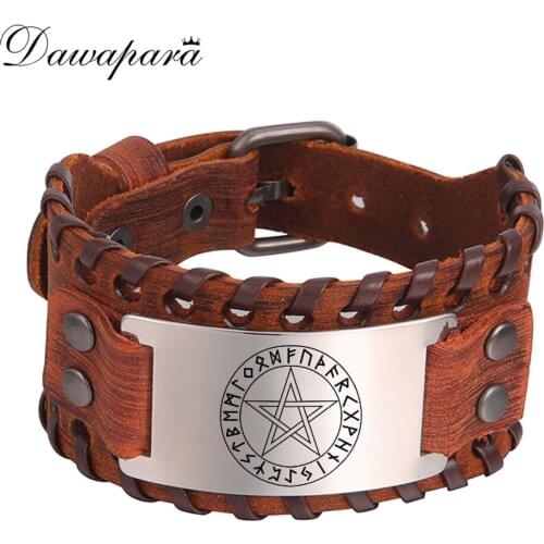Dawapara Runes Pentagram Nordic Symbol Amulet Witch Protection Charm Leather Bangles Supernatural Talisman Viking Bracelet