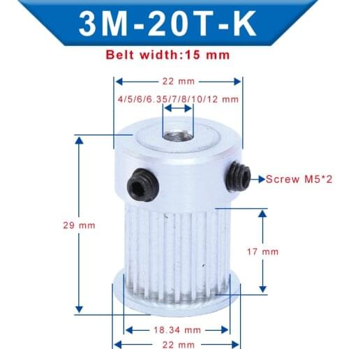 Timing Pulley 3M20T Bore 4/5/6/6.35/7/8/10/12 mm Aluminum Belt Pulley Slot Width 17 mm Match with 3M-synchronous belt Width 15mm