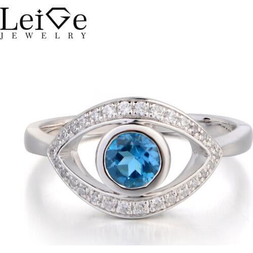 Leige Jewelry Swiss Blue Topaz Ring Promise Ring Round Cut Gemstone November Birthstone Real Solid 925 Sterling Silver Ring