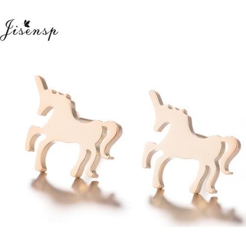 Jisensp Unique Jewelry Cartoon Unicorn Stainless Steel Earrings for Women New Year Gift Cute Animal Small Earrings bijoux femme