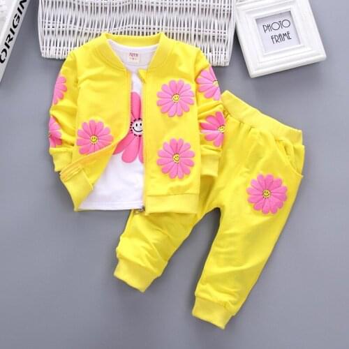 Spring autumn girls clothing set children fashion flowears tracksuits girls cotton 3pcs outfits coats+t-shirt+pants kids clothes