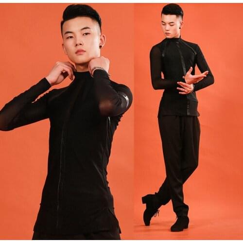 High Quality Men Standard Ballroom Latin Dance Tops Sale Cha Cha Rumba High Collar Long Sleeves Shirt Male Stage Wear DL5695