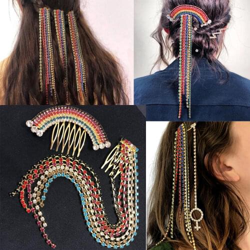 Rainbow Tassel Hair Comb Colorful Crystal Rhinestones Braiding Hairpin Women Chain Hair Extension Clips Hair Accessories