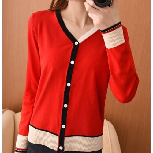 2021 Autumn And Winter New Knitted Cardigan Women Korean Version Of The V-Neck Color Matching Outer Short Wool Sweater Coat