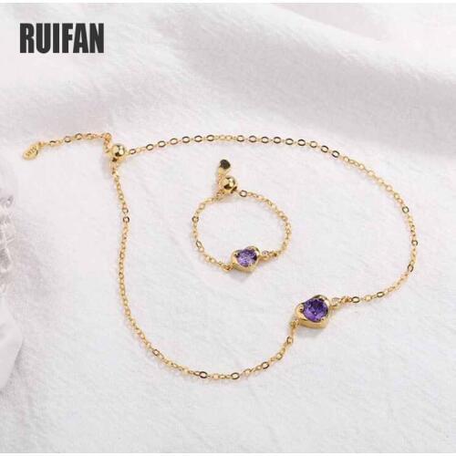 Ruifan Korean Heart Purple Cubic Zircon CZ 925 Sterling Silver Bracelet/Ring Jewelry Sets for Women Trendy Accessories YJS039