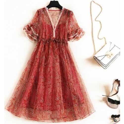 Womens American European and wear 2021 summer new style Floral print with flared sleeve lace and V-neck Fashion silk dress