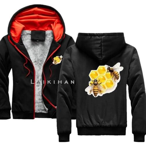 Cartoon Bees That Eat Honey Winter Thick Warm Fleece Zipper Coat for Mens SportWear Tracksuit Male European Hoodies