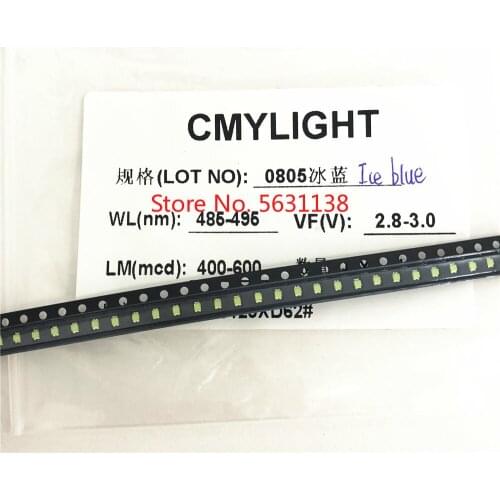 100PCS 0805 SMD LED ICE BLUE sky blue 485-495nm 2.8-3.0v 400-600mcd 20mA 2012 2.0*1.2mm cree led COB chip led power Light Beads
