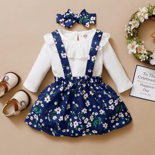 Toddler Baby Girls Long Sleeve Romper Floral Suspender Skirts Outfits With Headband Conjuntos Para Bebé Комплекты Одежды