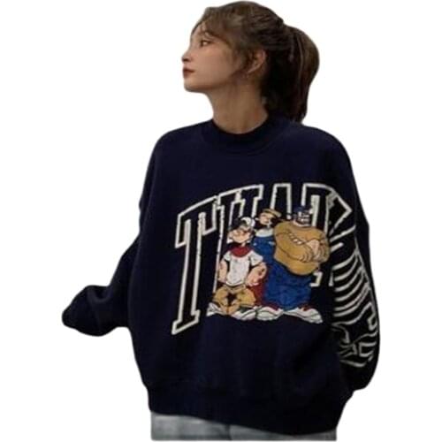 Korean Version Languid Lazy Style Pullovers Girl O-Neck Cartoon Anime Print Raglan Sleeve Lovely Casual Loose Thin Sweatshirts